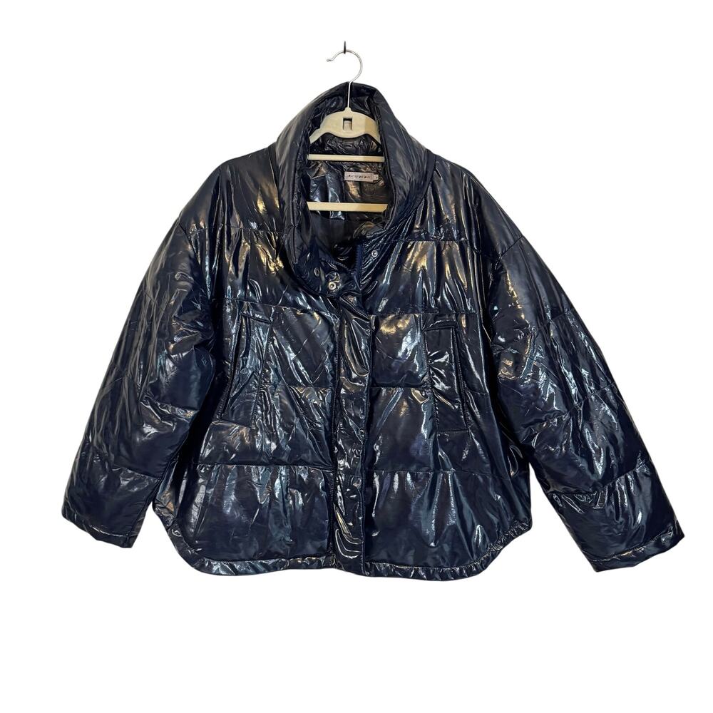 Light Before Dark Puffer Jacket Women M Navy Blue Vegan Leather Wet Look Outdoor
